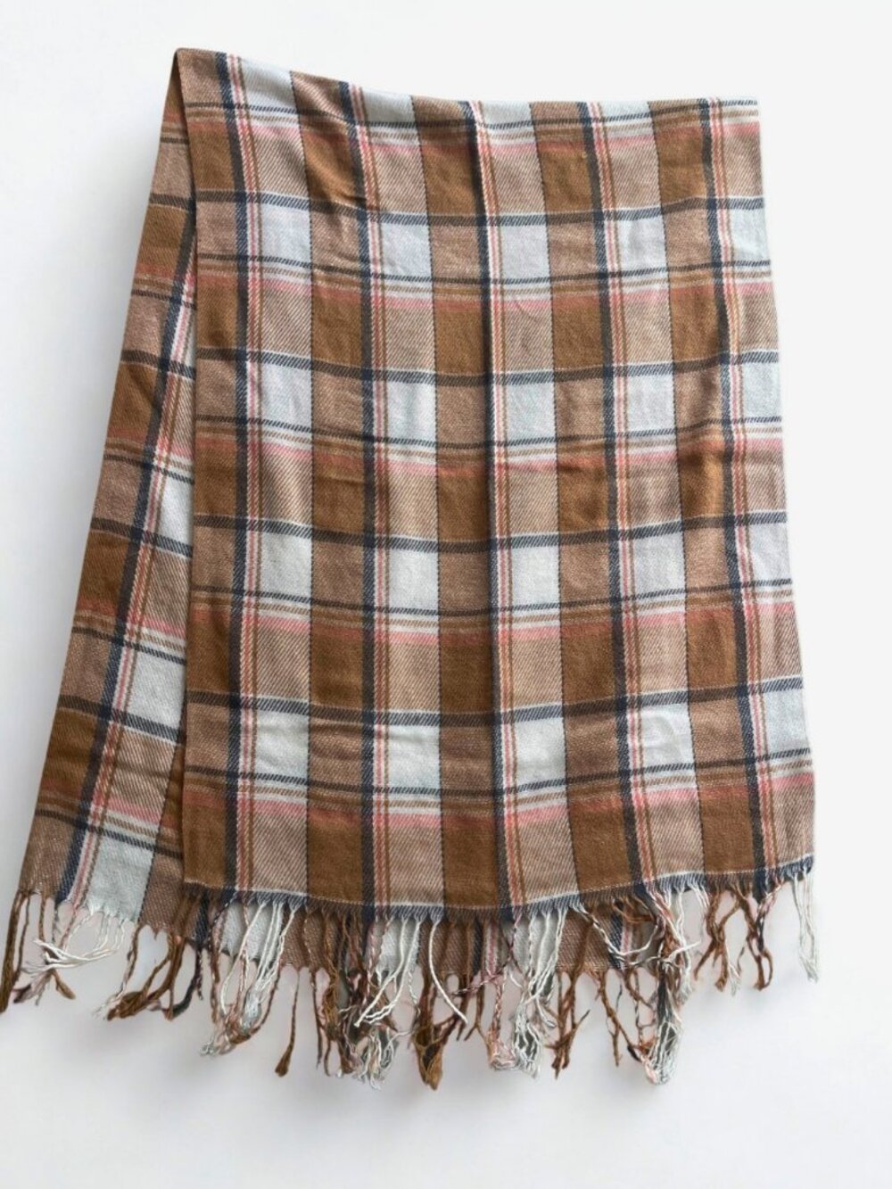 Plaid Fringed Scarf in Brown and White